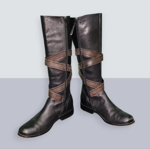 Women Vintage Leather Blk Riding Boots with detailed brn buckles by G.I.L.I 8 - Picture 7 of 8